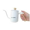 完璧な流れの注文の無料のロゴは、ハンドルが付いているコーヒーのやかんの空の瓶の鍋を印刷しました